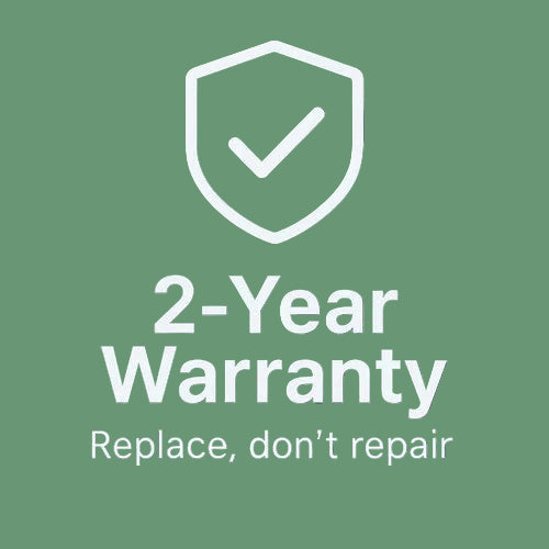 2-Year Warranty graphic with a shield icon and text on a teal background