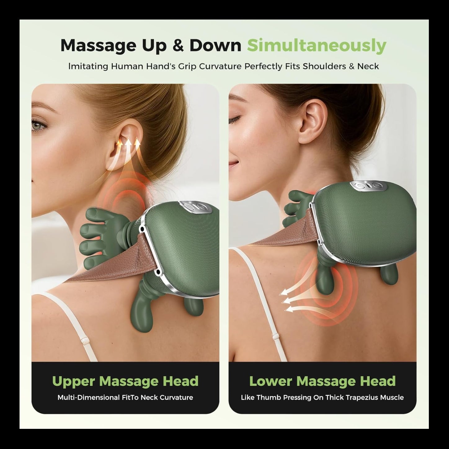Neck and shoulder massager with upper and lower massage heads on a person's neck.