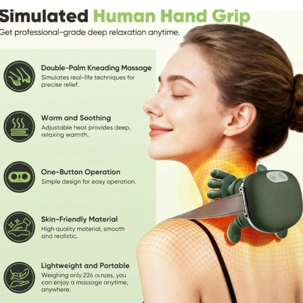Simulated human hand grip product with woman receiving neck massage, features listed on the left.