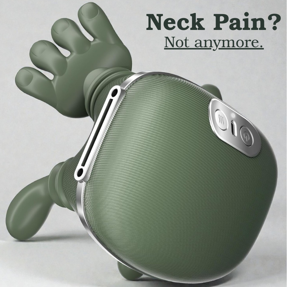 Green neck massager with text 'Neck Pain? Not anymore.' on a light gray background